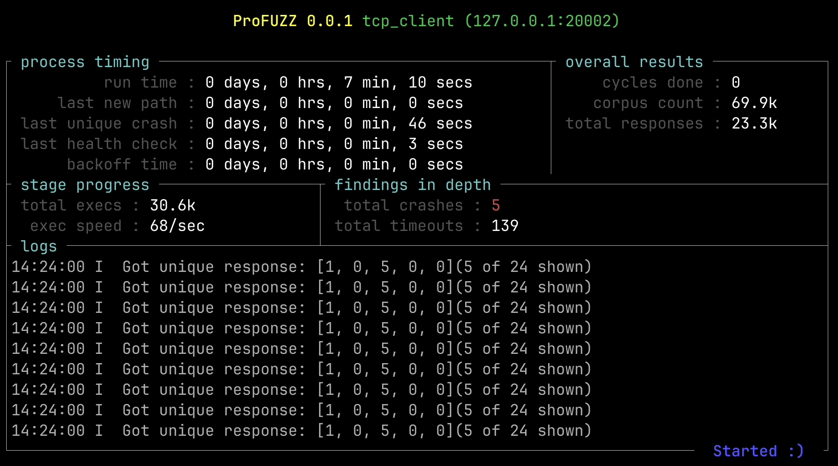 Screenshot of the TUI provided by the profuzz_core crate.